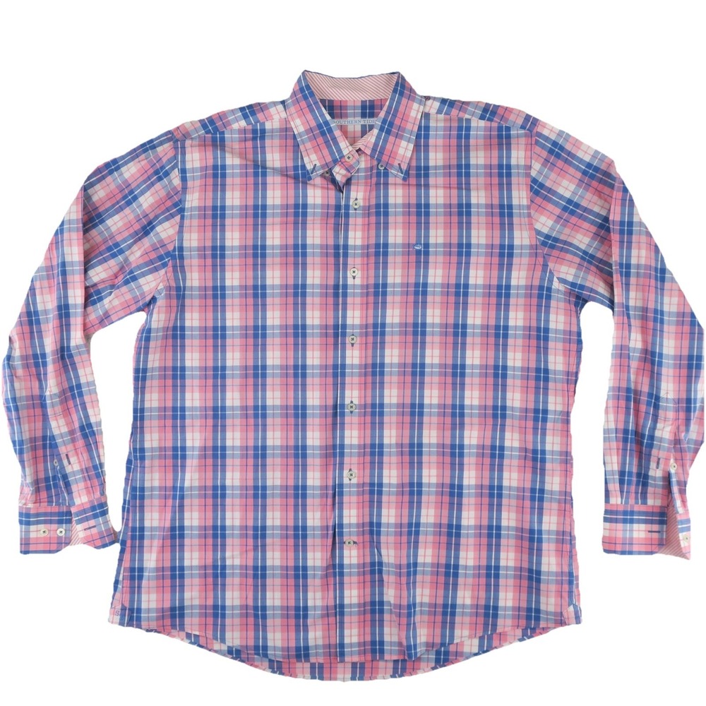 Southern Tide Button Up Shirt Mens Large Pink Blue Plaid
